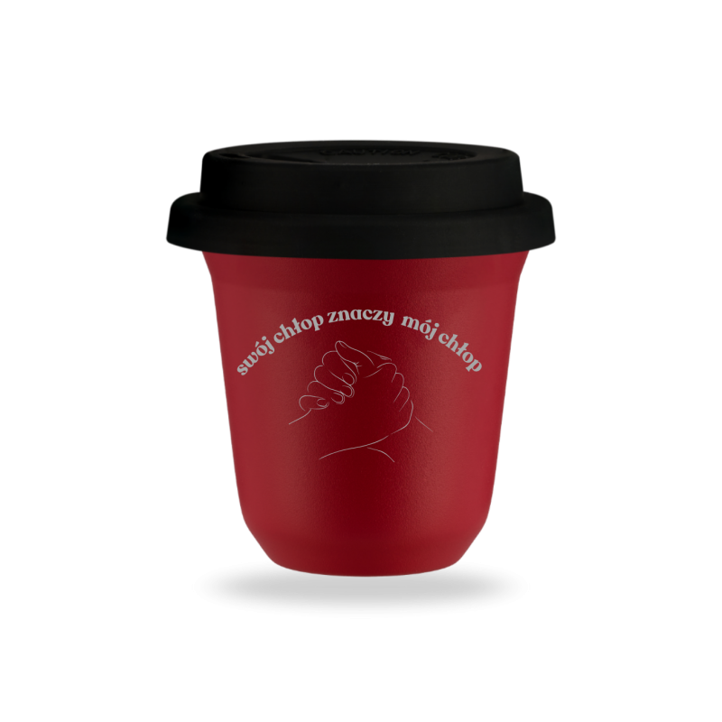 Kubek 80 ml CZERWONY "Swój chłop znaczy mój chłop", z pokrywką czarną